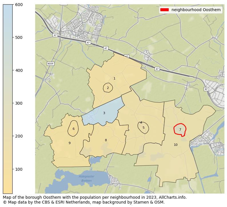 Map of the borough Oosthem with the population per neighbourhood in 2023. This page shows a lot of information about residents (such as the distribution by age groups, family composition, gender, native or Dutch with an immigration background, ...), homes (numbers, types, price development, use, type of property, ...) and more (car ownership, energy consumption, ...) based on open data from the Dutch Central Bureau of Statistics and various other sources!