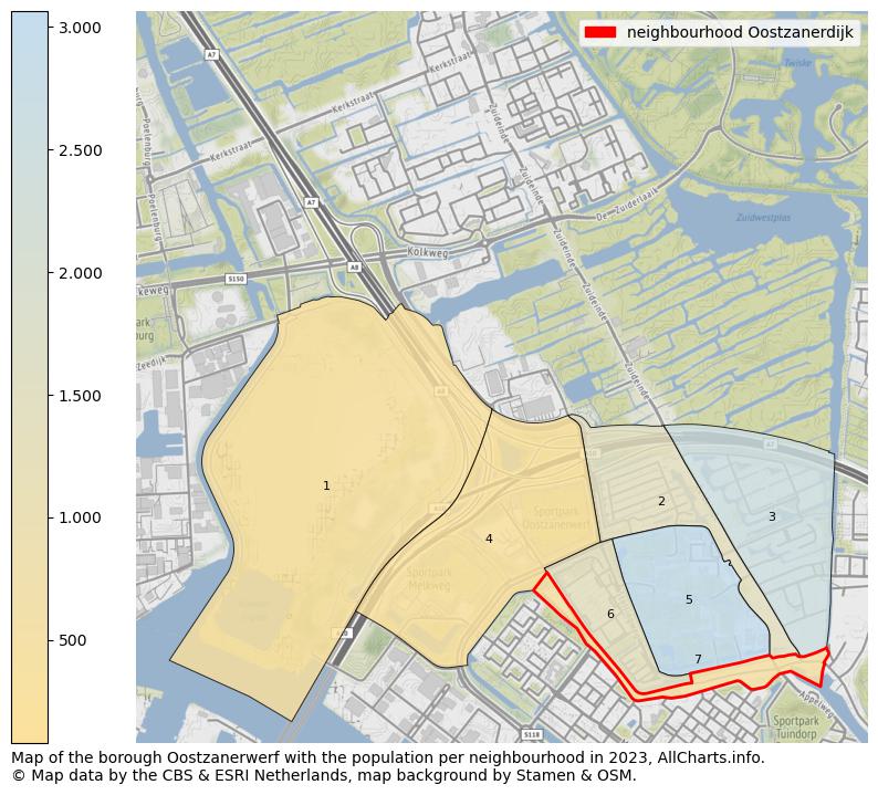 Map of the borough Oostzanerwerf with the population per neighbourhood in 2023. This page shows a lot of information about residents (such as the distribution by age groups, family composition, gender, native or Dutch with an immigration background, ...), homes (numbers, types, price development, use, type of property, ...) and more (car ownership, energy consumption, ...) based on open data from the Dutch Central Bureau of Statistics and various other sources!