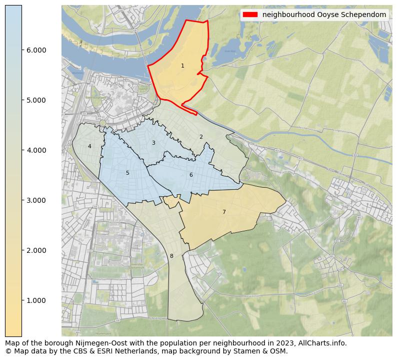 Map of the borough Nijmegen-Oost with the population per neighbourhood in 2023. This page shows a lot of information about residents (such as the distribution by age groups, family composition, gender, native or Dutch with an immigration background, ...), homes (numbers, types, price development, use, type of property, ...) and more (car ownership, energy consumption, ...) based on open data from the Dutch Central Bureau of Statistics and various other sources!