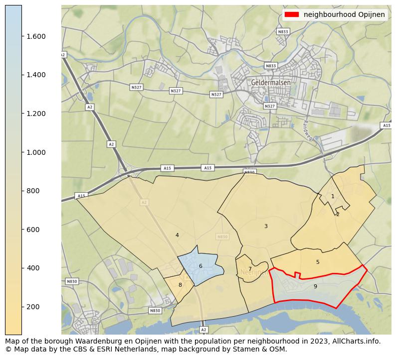 Map of the borough Waardenburg en Opijnen with the population per neighbourhood in 2023. This page shows a lot of information about residents (such as the distribution by age groups, family composition, gender, native or Dutch with an immigration background, ...), homes (numbers, types, price development, use, type of property, ...) and more (car ownership, energy consumption, ...) based on open data from the Dutch Central Bureau of Statistics and various other sources!