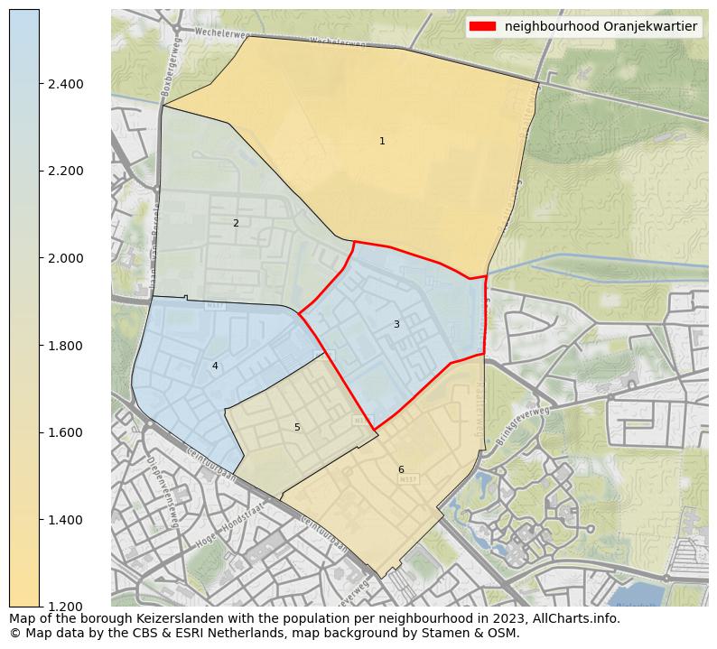 Map of the borough Keizerslanden with the population per neighbourhood in 2023. This page shows a lot of information about residents (such as the distribution by age groups, family composition, gender, native or Dutch with an immigration background, ...), homes (numbers, types, price development, use, type of property, ...) and more (car ownership, energy consumption, ...) based on open data from the Dutch Central Bureau of Statistics and various other sources!