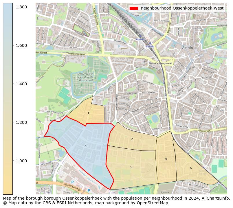 Image of the neighbourhood Ossenkoppelerhoek West at the map. This image is used as introduction to this page. This page shows a lot of information about the population in the neighbourhood Ossenkoppelerhoek West (such as the distribution by age groups of the residents, the composition of households, whether inhabitants are natives or Dutch with an immigration background, data about the houses (numbers, types, price development, use, type of property, ...) and more (car ownership, energy consumption, ...) based on open data from the Dutch Central Bureau of Statistics and various other sources!