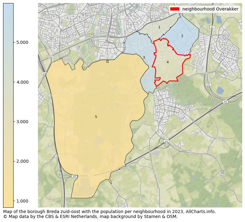 Map of the borough Breda zuid-oost with the population per neighbourhood in 2023. This page shows a lot of information about residents (such as the distribution by age groups, family composition, gender, native or Dutch with an immigration background, ...), homes (numbers, types, price development, use, type of property, ...) and more (car ownership, energy consumption, ...) based on open data from the Dutch Central Bureau of Statistics and various other sources!