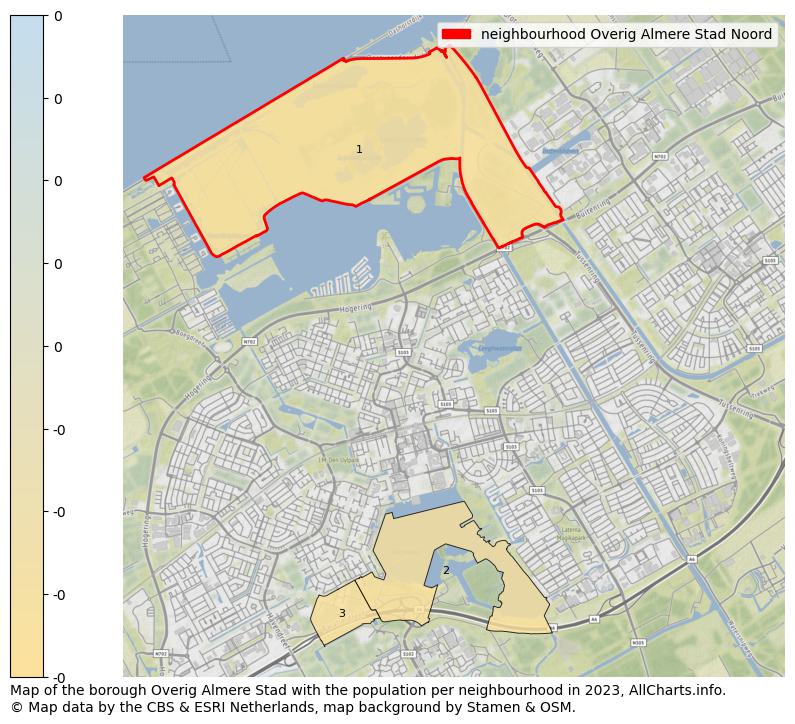 Map of the borough Overig Almere Stad with the population per neighbourhood in 2023. This page shows a lot of information about residents (such as the distribution by age groups, family composition, gender, native or Dutch with an immigration background, ...), homes (numbers, types, price development, use, type of property, ...) and more (car ownership, energy consumption, ...) based on open data from the Dutch Central Bureau of Statistics and various other sources!