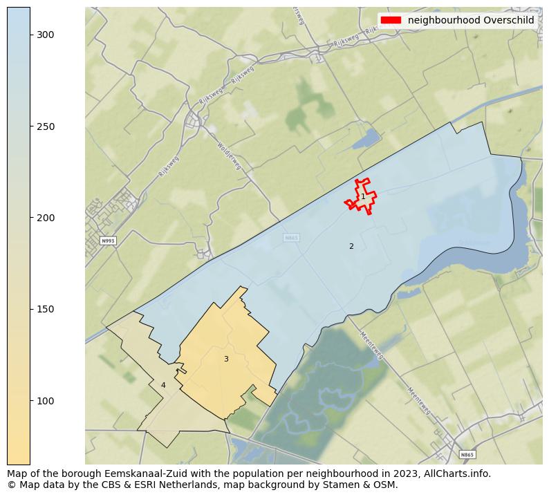 Map of the borough Eemskanaal-Zuid with the population per neighbourhood in 2023. This page shows a lot of information about residents (such as the distribution by age groups, family composition, gender, native or Dutch with an immigration background, ...), homes (numbers, types, price development, use, type of property, ...) and more (car ownership, energy consumption, ...) based on open data from the Dutch Central Bureau of Statistics and various other sources!