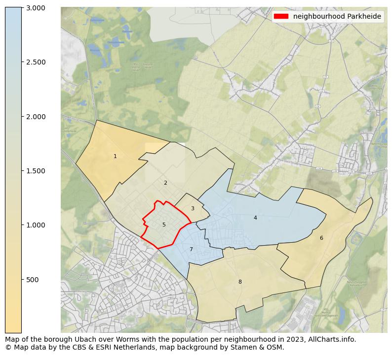 Map of the borough Ubach over Worms with the population per neighbourhood in 2023. This page shows a lot of information about residents (such as the distribution by age groups, family composition, gender, native or Dutch with an immigration background, ...), homes (numbers, types, price development, use, type of property, ...) and more (car ownership, energy consumption, ...) based on open data from the Dutch Central Bureau of Statistics and various other sources!