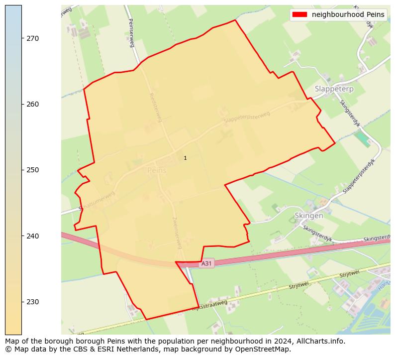 Image of the neighbourhood Peins at the map. This image is used as introduction to this page. This page shows a lot of information about the population in the neighbourhood Peins (such as the distribution by age groups of the residents, the composition of households, whether inhabitants are natives or Dutch with an immigration background, data about the houses (numbers, types, price development, use, type of property, ...) and more (car ownership, energy consumption, ...) based on open data from the Dutch Central Bureau of Statistics and various other sources!