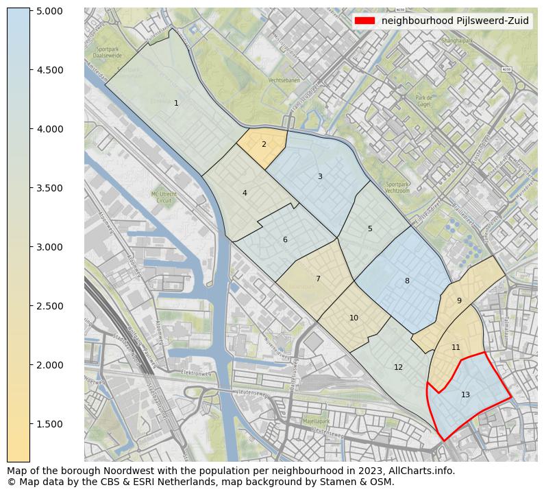 Map of the borough Noordwest with the population per neighbourhood in 2023. This page shows a lot of information about residents (such as the distribution by age groups, family composition, gender, native or Dutch with an immigration background, ...), homes (numbers, types, price development, use, type of property, ...) and more (car ownership, energy consumption, ...) based on open data from the Dutch Central Bureau of Statistics and various other sources!