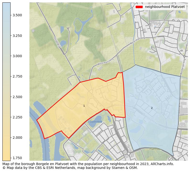Map of the borough Borgele en Platvoet with the population per neighbourhood in 2023. This page shows a lot of information about residents (such as the distribution by age groups, family composition, gender, native or Dutch with an immigration background, ...), homes (numbers, types, price development, use, type of property, ...) and more (car ownership, energy consumption, ...) based on open data from the Dutch Central Bureau of Statistics and various other sources!