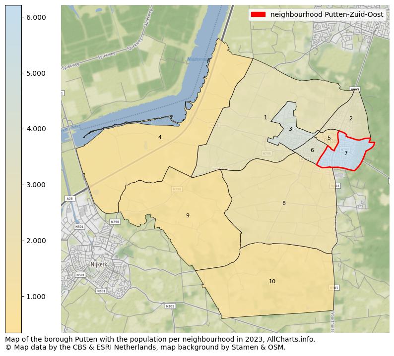 Map of the borough Putten with the population per neighbourhood in 2023. This page shows a lot of information about residents (such as the distribution by age groups, family composition, gender, native or Dutch with an immigration background, ...), homes (numbers, types, price development, use, type of property, ...) and more (car ownership, energy consumption, ...) based on open data from the Dutch Central Bureau of Statistics and various other sources!