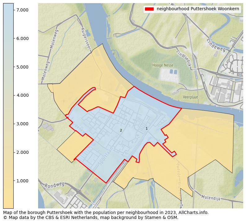 Map of the borough Puttershoek with the population per neighbourhood in 2023. This page shows a lot of information about residents (such as the distribution by age groups, family composition, gender, native or Dutch with an immigration background, ...), homes (numbers, types, price development, use, type of property, ...) and more (car ownership, energy consumption, ...) based on open data from the Dutch Central Bureau of Statistics and various other sources!