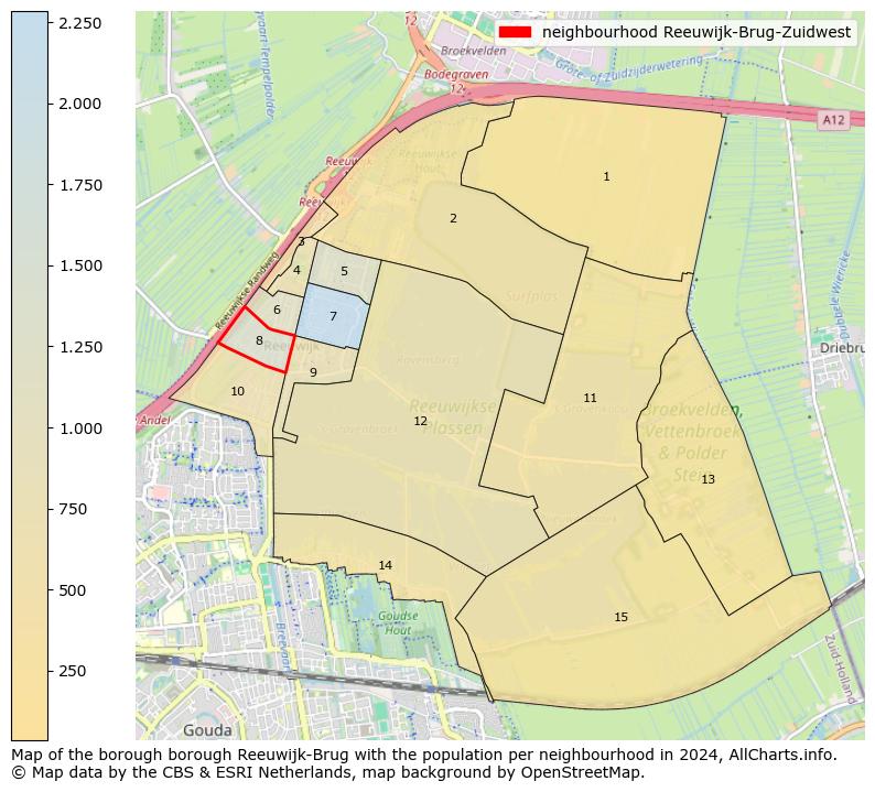 Image of the neighbourhood Reeuwijk-Brug-Zuidwest at the map. This image is used as introduction to this page. This page shows a lot of information about the population in the neighbourhood Reeuwijk-Brug-Zuidwest (such as the distribution by age groups of the residents, the composition of households, whether inhabitants are natives or Dutch with an immigration background, data about the houses (numbers, types, price development, use, type of property, ...) and more (car ownership, energy consumption, ...) based on open data from the Dutch Central Bureau of Statistics and various other sources!