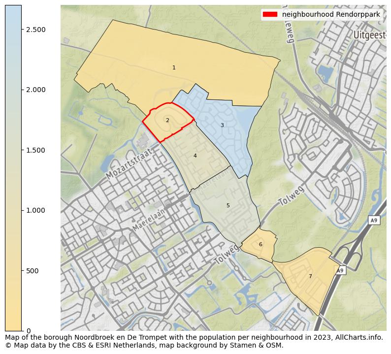 Map of the borough Noordbroek en De Trompet with the population per neighbourhood in 2022. This page shows a lot of information about residents (such as the distribution by age groups, family composition, gender, native or Dutch with an immigration background, ...), homes (numbers, types, price development, use, type of property, ...) and more (car ownership, energy consumption, ...) based on open data from the Dutch Central Bureau of Statistics and various other sources!