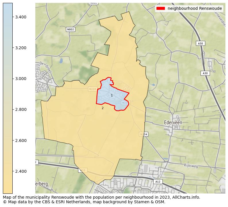 Map of the municipality Renswoude with the population per neighbourhood in 2023. This page shows a lot of information about residents (such as the distribution by age groups, family composition, gender, native or Dutch with an immigration background, ...), homes (numbers, types, price development, use, type of property, ...) and more (car ownership, energy consumption, ...) based on open data from the Dutch Central Bureau of Statistics and various other sources!
