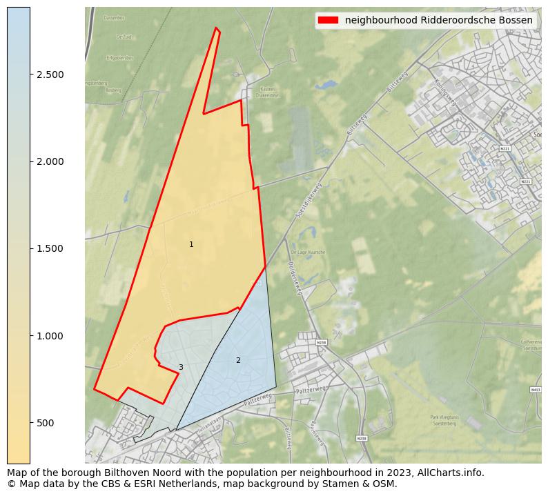 Map of the borough Bilthoven Noord with the population per neighbourhood in 2023. This page shows a lot of information about residents (such as the distribution by age groups, family composition, gender, native or Dutch with an immigration background, ...), homes (numbers, types, price development, use, type of property, ...) and more (car ownership, energy consumption, ...) based on open data from the Dutch Central Bureau of Statistics and various other sources!