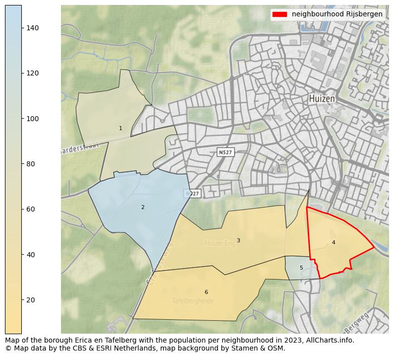 Map of the borough Erica en Tafelberg with the population per neighbourhood in 2022. This page shows a lot of information about residents (such as the distribution by age groups, family composition, gender, native or Dutch with an immigration background, ...), homes (numbers, types, price development, use, type of property, ...) and more (car ownership, energy consumption, ...) based on open data from the Dutch Central Bureau of Statistics and various other sources!