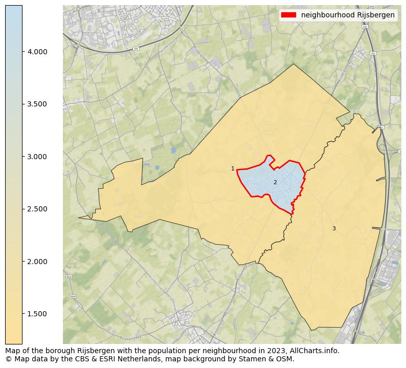 Map of the borough Rijsbergen with the population per neighbourhood in 2023. This page shows a lot of information about residents (such as the distribution by age groups, family composition, gender, native or Dutch with an immigration background, ...), homes (numbers, types, price development, use, type of property, ...) and more (car ownership, energy consumption, ...) based on open data from the Dutch Central Bureau of Statistics and various other sources!