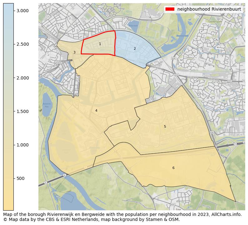 Map of the borough Rivierenwijk en Bergweide with the population per neighbourhood in 2023. This page shows a lot of information about residents (such as the distribution by age groups, family composition, gender, native or Dutch with an immigration background, ...), homes (numbers, types, price development, use, type of property, ...) and more (car ownership, energy consumption, ...) based on open data from the Dutch Central Bureau of Statistics and various other sources!