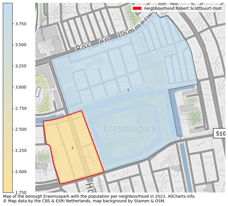 Map of the borough Erasmuspark with the population per neighbourhood in 2023. This page shows a lot of information about residents (such as the distribution by age groups, family composition, gender, native or Dutch with an immigration background, ...), homes (numbers, types, price development, use, type of property, ...) and more (car ownership, energy consumption, ...) based on open data from the Dutch Central Bureau of Statistics and various other sources!
