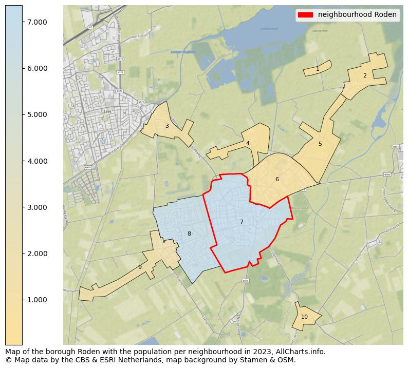 Map of the borough Roden with the population per neighbourhood in 2023. This page shows a lot of information about residents (such as the distribution by age groups, family composition, gender, native or Dutch with an immigration background, ...), homes (numbers, types, price development, use, type of property, ...) and more (car ownership, energy consumption, ...) based on open data from the Dutch Central Bureau of Statistics and various other sources!
