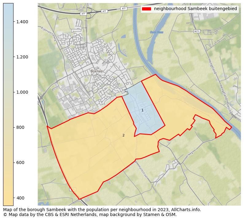 Map of the borough Sambeek with the population per neighbourhood in 2023. This page shows a lot of information about residents (such as the distribution by age groups, family composition, gender, native or Dutch with an immigration background, ...), homes (numbers, types, price development, use, type of property, ...) and more (car ownership, energy consumption, ...) based on open data from the Dutch Central Bureau of Statistics and various other sources!