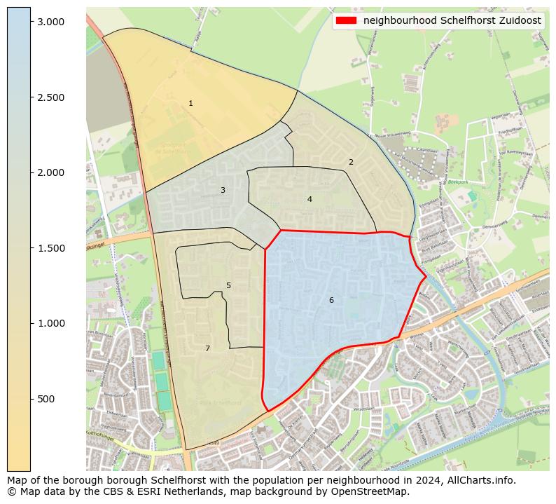 Image of the neighbourhood Schelfhorst Zuidoost at the map. This image is used as introduction to this page. This page shows a lot of information about the population in the neighbourhood Schelfhorst Zuidoost (such as the distribution by age groups of the residents, the composition of households, whether inhabitants are natives or Dutch with an immigration background, data about the houses (numbers, types, price development, use, type of property, ...) and more (car ownership, energy consumption, ...) based on open data from the Dutch Central Bureau of Statistics and various other sources!