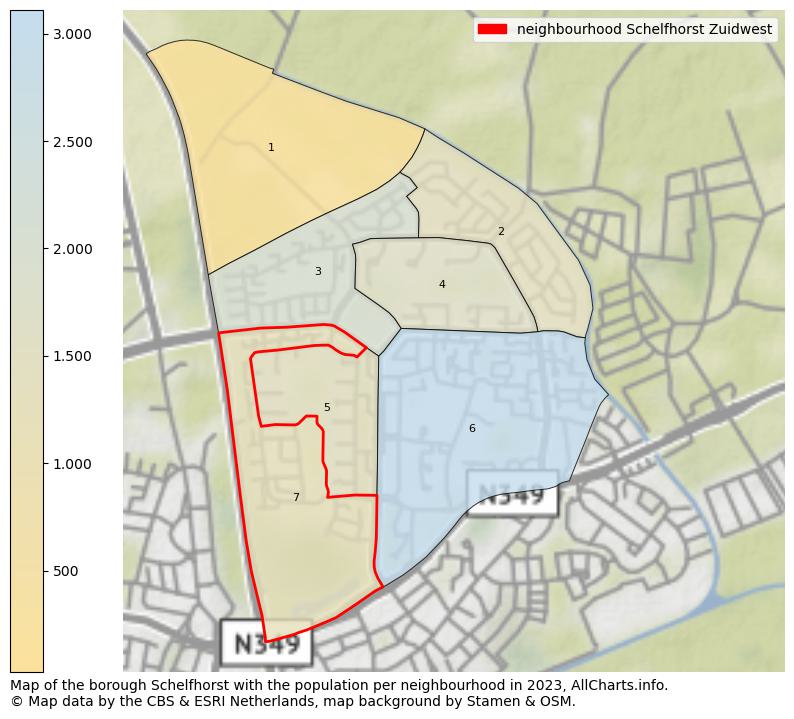Map of the borough Schelfhorst with the population per neighbourhood in 2023. This page shows a lot of information about residents (such as the distribution by age groups, family composition, gender, native or Dutch with an immigration background, ...), homes (numbers, types, price development, use, type of property, ...) and more (car ownership, energy consumption, ...) based on open data from the Dutch Central Bureau of Statistics and various other sources!