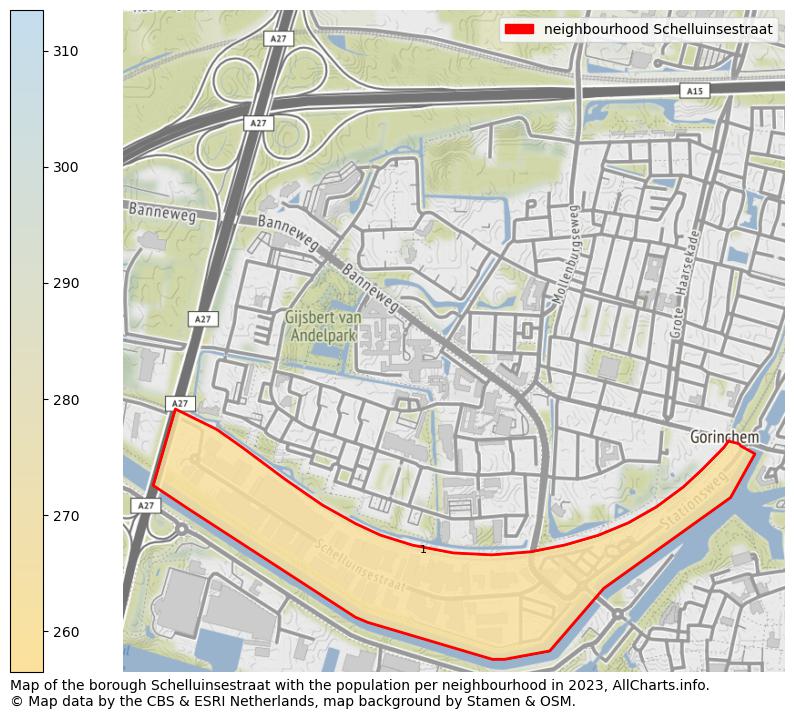 Map of the borough Schelluinsestraat with the population per neighbourhood in 2023. This page shows a lot of information about residents (such as the distribution by age groups, family composition, gender, native or Dutch with an immigration background, ...), homes (numbers, types, price development, use, type of property, ...) and more (car ownership, energy consumption, ...) based on open data from the Dutch Central Bureau of Statistics and various other sources!