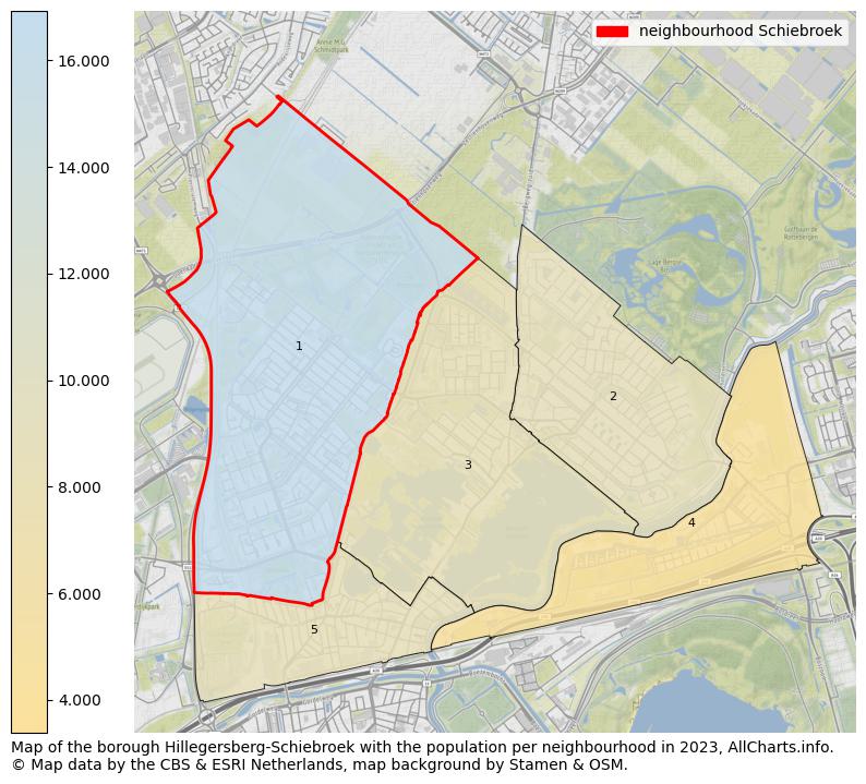 Map of the borough Hillegersberg-Schiebroek with the population per neighbourhood in 2023. This page shows a lot of information about residents (such as the distribution by age groups, family composition, gender, native or Dutch with an immigration background, ...), homes (numbers, types, price development, use, type of property, ...) and more (car ownership, energy consumption, ...) based on open data from the Dutch Central Bureau of Statistics and various other sources!