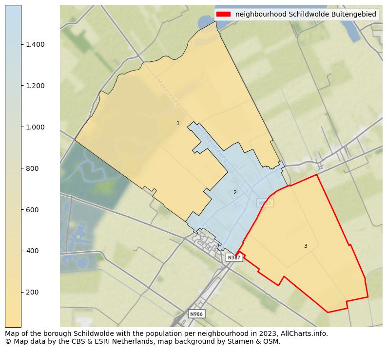 Map of the borough Schildwolde with the population per neighbourhood in 2023. This page shows a lot of information about residents (such as the distribution by age groups, family composition, gender, native or Dutch with an immigration background, ...), homes (numbers, types, price development, use, type of property, ...) and more (car ownership, energy consumption, ...) based on open data from the Dutch Central Bureau of Statistics and various other sources!