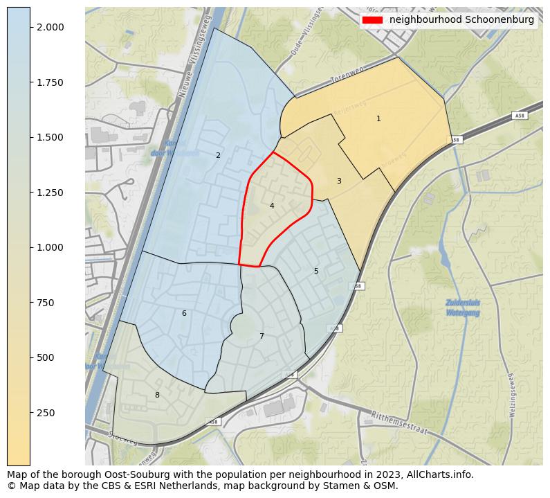 Map of the borough Oost-Souburg with the population per neighbourhood in 2023. This page shows a lot of information about residents (such as the distribution by age groups, family composition, gender, native or Dutch with an immigration background, ...), homes (numbers, types, price development, use, type of property, ...) and more (car ownership, energy consumption, ...) based on open data from the Dutch Central Bureau of Statistics and various other sources!
