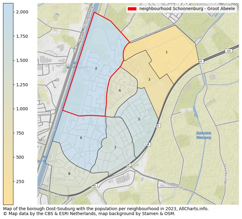 Map of the borough Oost-Souburg with the population per neighbourhood in 2021. This page shows a lot of information about residents (such as the distribution by age groups, family composition, gender, native or Dutch with an immigration background, ...), homes (numbers, types, price development, use, type of property, ...) and more (car ownership, energy consumption, ...) based on open data from the Dutch Central Bureau of Statistics and various other sources!