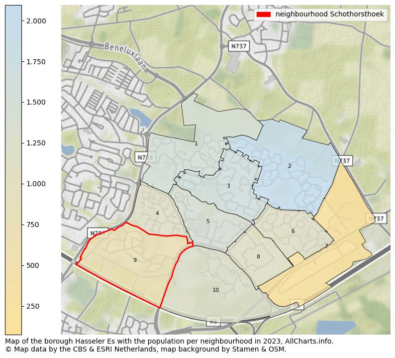 Map of the borough Hasseler Es with the population per neighbourhood in 2023. This page shows a lot of information about residents (such as the distribution by age groups, family composition, gender, native or Dutch with an immigration background, ...), homes (numbers, types, price development, use, type of property, ...) and more (car ownership, energy consumption, ...) based on open data from the Dutch Central Bureau of Statistics and various other sources!