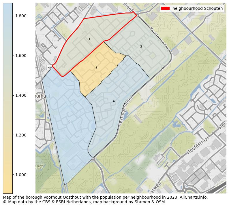 Map of the borough Voorhout Oosthout with the population per neighbourhood in 2023. This page shows a lot of information about residents (such as the distribution by age groups, family composition, gender, native or Dutch with an immigration background, ...), homes (numbers, types, price development, use, type of property, ...) and more (car ownership, energy consumption, ...) based on open data from the Dutch Central Bureau of Statistics and various other sources!