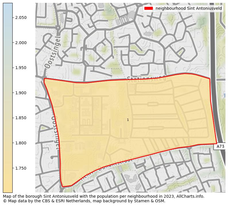 Map of the borough Sint Antoniusveld with the population per neighbourhood in 2023. This page shows a lot of information about residents (such as the distribution by age groups, family composition, gender, native or Dutch with an immigration background, ...), homes (numbers, types, price development, use, type of property, ...) and more (car ownership, energy consumption, ...) based on open data from the Dutch Central Bureau of Statistics and various other sources!