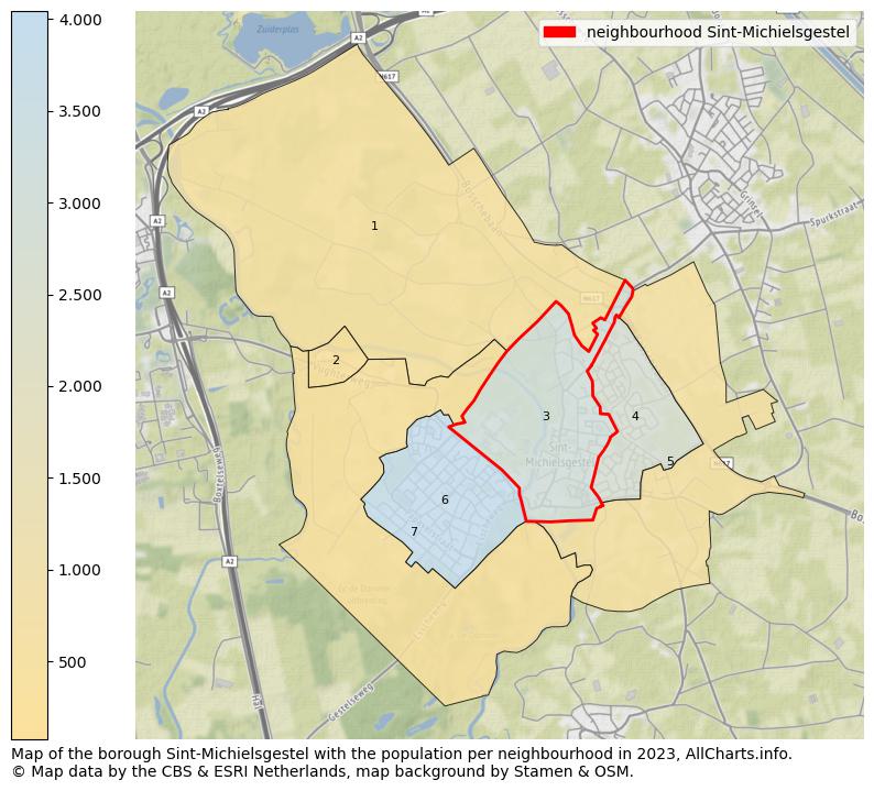 Map of the borough Sint-Michielsgestel with the population per neighbourhood in 2023. This page shows a lot of information about residents (such as the distribution by age groups, family composition, gender, native or Dutch with an immigration background, ...), homes (numbers, types, price development, use, type of property, ...) and more (car ownership, energy consumption, ...) based on open data from the Dutch Central Bureau of Statistics and various other sources!