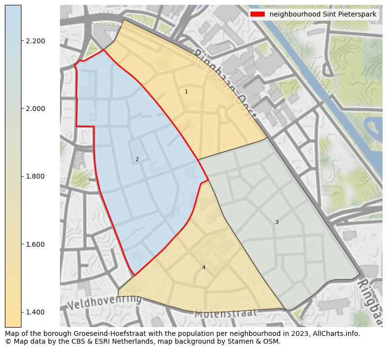 Map of the borough Groeseind-Hoefstraat with the population per neighbourhood in 2023. This page shows a lot of information about residents (such as the distribution by age groups, family composition, gender, native or Dutch with an immigration background, ...), homes (numbers, types, price development, use, type of property, ...) and more (car ownership, energy consumption, ...) based on open data from the Dutch Central Bureau of Statistics and various other sources!