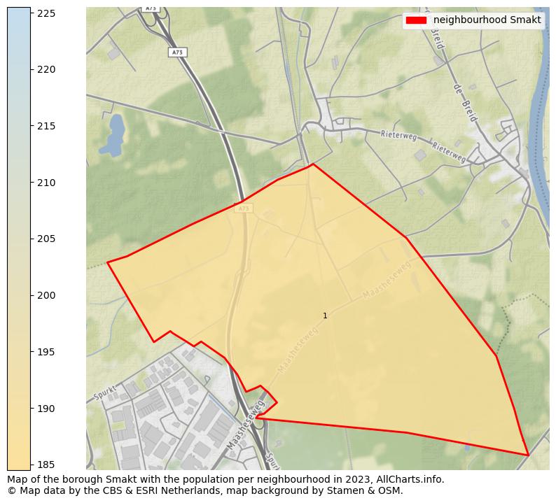 Map of the borough Smakt with the population per neighbourhood in 2023. This page shows a lot of information about residents (such as the distribution by age groups, family composition, gender, native or Dutch with an immigration background, ...), homes (numbers, types, price development, use, type of property, ...) and more (car ownership, energy consumption, ...) based on open data from the Dutch Central Bureau of Statistics and various other sources!