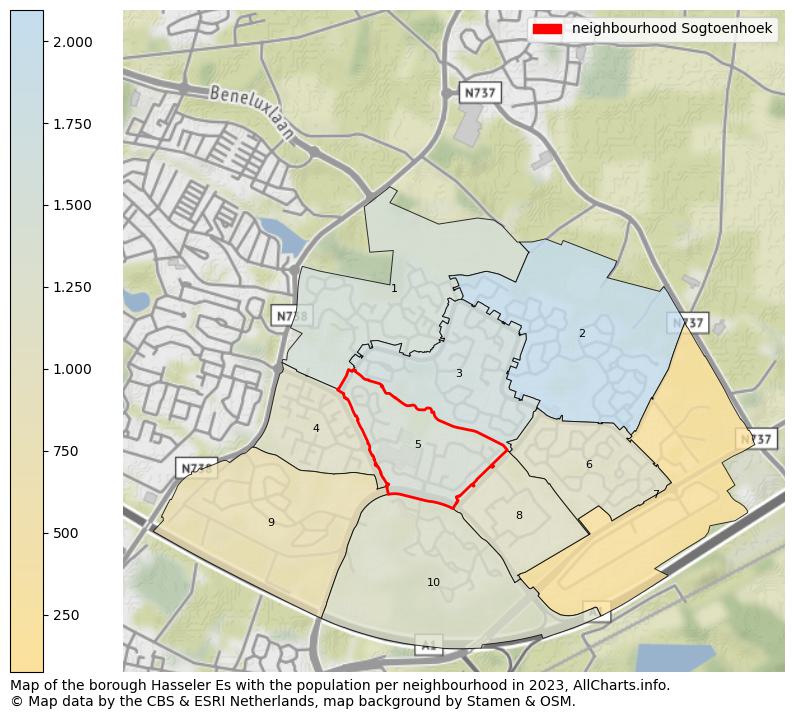 Map of the borough Hasseler Es with the population per neighbourhood in 2023. This page shows a lot of information about residents (such as the distribution by age groups, family composition, gender, native or Dutch with an immigration background, ...), homes (numbers, types, price development, use, type of property, ...) and more (car ownership, energy consumption, ...) based on open data from the Dutch Central Bureau of Statistics and various other sources!