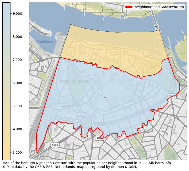 Map of the borough Nijmegen-Centrum with the population per neighbourhood in 2023. This page shows a lot of information about residents (such as the distribution by age groups, family composition, gender, native or Dutch with an immigration background, ...), homes (numbers, types, price development, use, type of property, ...) and more (car ownership, energy consumption, ...) based on open data from the Dutch Central Bureau of Statistics and various other sources!