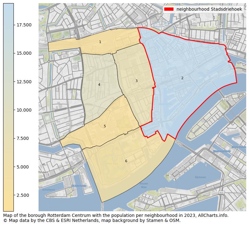 Map of the borough Rotterdam Centrum with the population per neighbourhood in 2023. This page shows a lot of information about residents (such as the distribution by age groups, family composition, gender, native or Dutch with an immigration background, ...), homes (numbers, types, price development, use, type of property, ...) and more (car ownership, energy consumption, ...) based on open data from the Dutch Central Bureau of Statistics and various other sources!