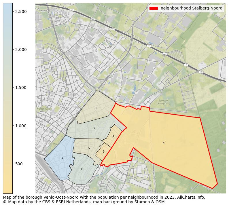 Map of the borough Venlo-Oost-Noord with the population per neighbourhood in 2023. This page shows a lot of information about residents (such as the distribution by age groups, family composition, gender, native or Dutch with an immigration background, ...), homes (numbers, types, price development, use, type of property, ...) and more (car ownership, energy consumption, ...) based on open data from the Dutch Central Bureau of Statistics and various other sources!