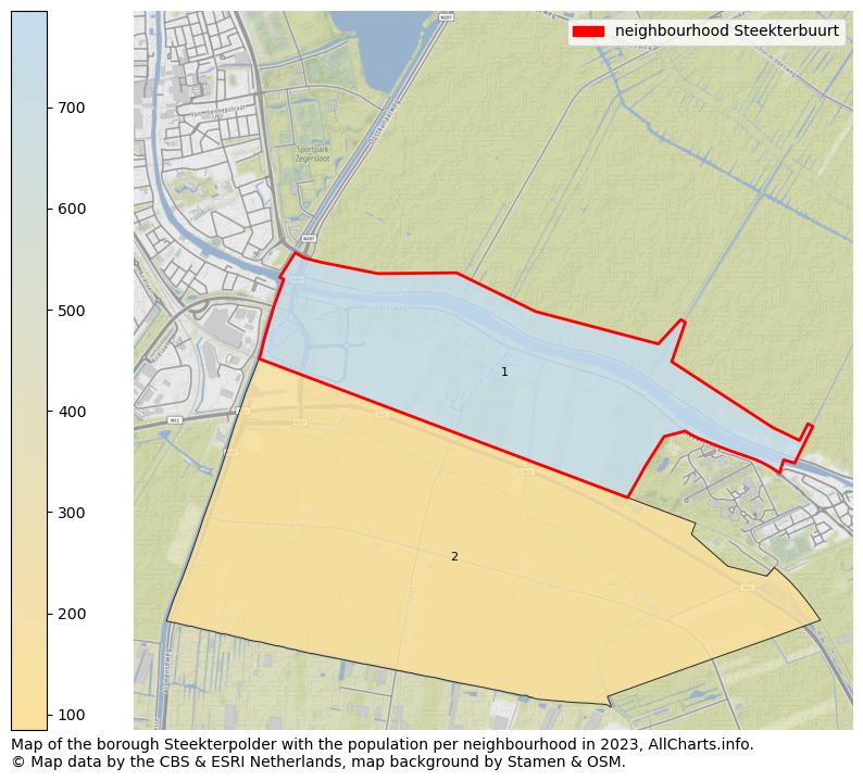 Map of the borough Steekterpolder with the population per neighbourhood in 2023. This page shows a lot of information about residents (such as the distribution by age groups, family composition, gender, native or Dutch with an immigration background, ...), homes (numbers, types, price development, use, type of property, ...) and more (car ownership, energy consumption, ...) based on open data from the Dutch Central Bureau of Statistics and various other sources!