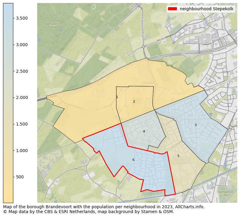 Map of the borough Brandevoort with the population per neighbourhood in 2023. This page shows a lot of information about residents (such as the distribution by age groups, family composition, gender, native or Dutch with an immigration background, ...), homes (numbers, types, price development, use, type of property, ...) and more (car ownership, energy consumption, ...) based on open data from the Dutch Central Bureau of Statistics and various other sources!
