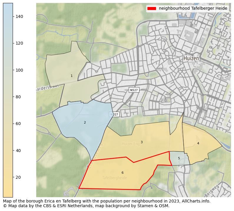 Map of the borough Erica en Tafelberg with the population per neighbourhood in 2023. This page shows a lot of information about residents (such as the distribution by age groups, family composition, gender, native or Dutch with an immigration background, ...), homes (numbers, types, price development, use, type of property, ...) and more (car ownership, energy consumption, ...) based on open data from the Dutch Central Bureau of Statistics and various other sources!