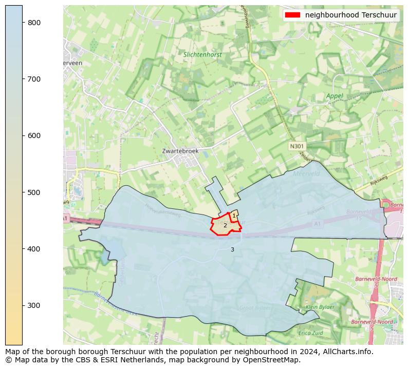 Image of the neighbourhood Terschuur at the map. This image is used as introduction to this page. This page shows a lot of information about the population in the neighbourhood Terschuur (such as the distribution by age groups of the residents, the composition of households, whether inhabitants are natives or Dutch with an immigration background, data about the houses (numbers, types, price development, use, type of property, ...) and more (car ownership, energy consumption, ...) based on open data from the Dutch Central Bureau of Statistics and various other sources!