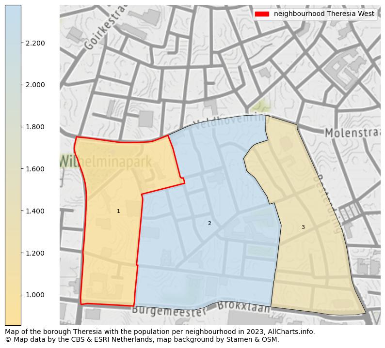 Map of the borough Theresia with the population per neighbourhood in 2023. This page shows a lot of information about residents (such as the distribution by age groups, family composition, gender, native or Dutch with an immigration background, ...), homes (numbers, types, price development, use, type of property, ...) and more (car ownership, energy consumption, ...) based on open data from the Dutch Central Bureau of Statistics and various other sources!
