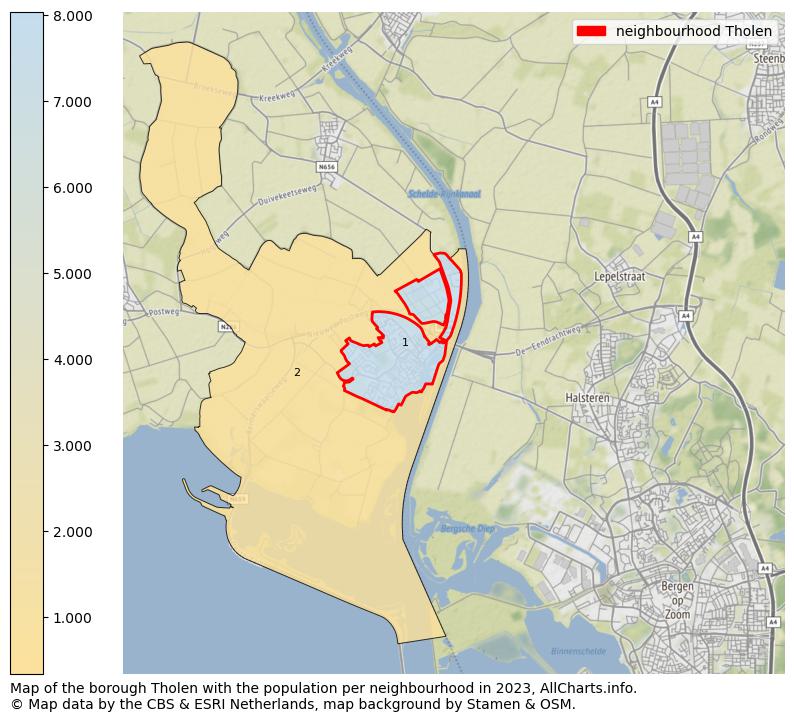 Map of the borough Tholen with the population per neighbourhood in 2023. This page shows a lot of information about residents (such as the distribution by age groups, family composition, gender, native or Dutch with an immigration background, ...), homes (numbers, types, price development, use, type of property, ...) and more (car ownership, energy consumption, ...) based on open data from the Dutch Central Bureau of Statistics and various other sources!