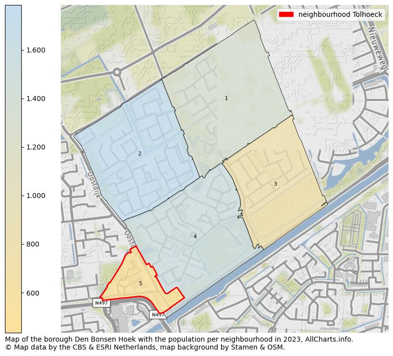 Map of the borough Den Bonsen Hoek with the population per neighbourhood in 2023. This page shows a lot of information about residents (such as the distribution by age groups, family composition, gender, native or Dutch with an immigration background, ...), homes (numbers, types, price development, use, type of property, ...) and more (car ownership, energy consumption, ...) based on open data from the Dutch Central Bureau of Statistics and various other sources!