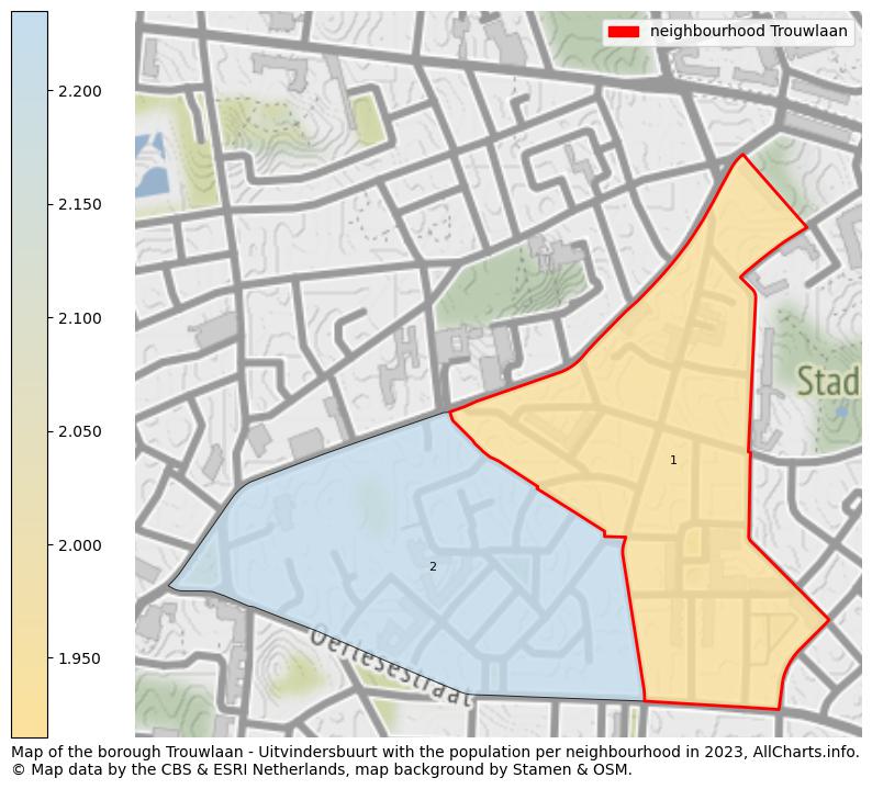 Map of the borough Trouwlaan - Uitvindersbuurt with the population per neighbourhood in 2023. This page shows a lot of information about residents (such as the distribution by age groups, family composition, gender, native or Dutch with an immigration background, ...), homes (numbers, types, price development, use, type of property, ...) and more (car ownership, energy consumption, ...) based on open data from the Dutch Central Bureau of Statistics and various other sources!